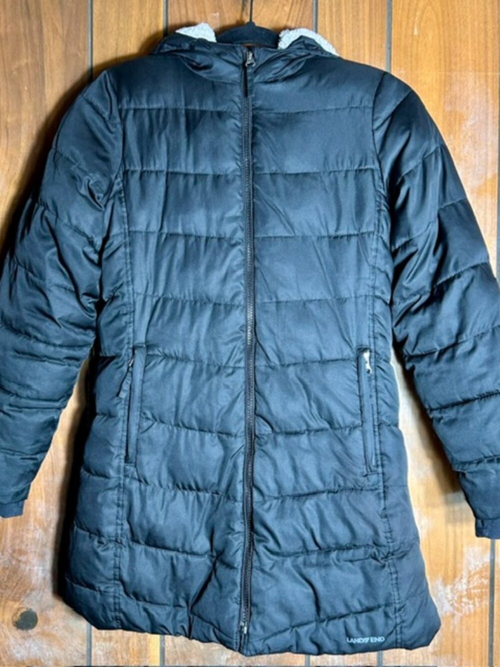 Lands' End Long Down Puffer Coat Black Sz 10-12 Medium Youth EUC